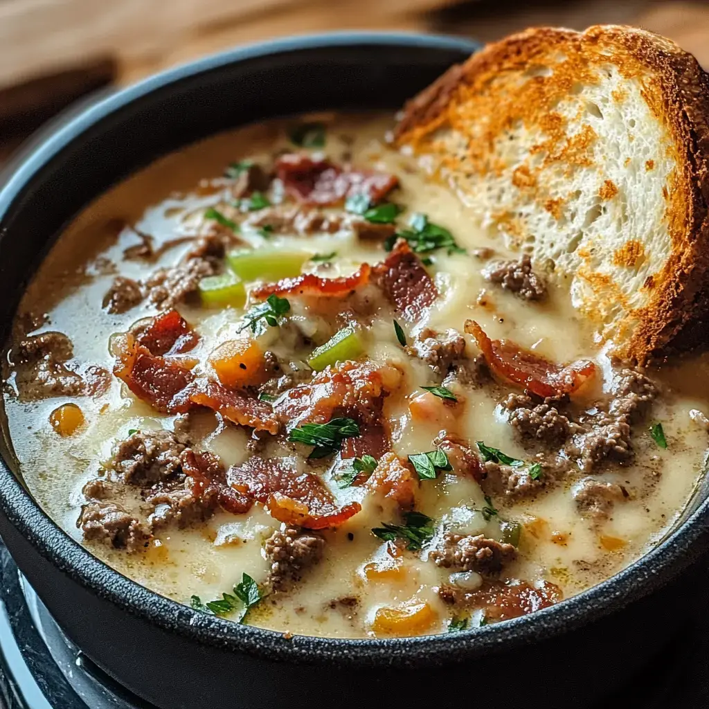 Cheesy Steak Soup with Bacon & Toasted Cheese Bread.