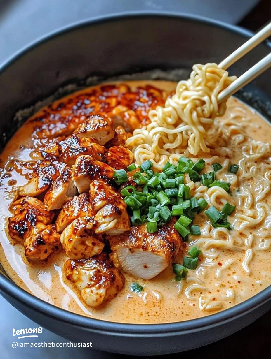 Fiery Chicken Ramen with Creamy Garlic Sauce