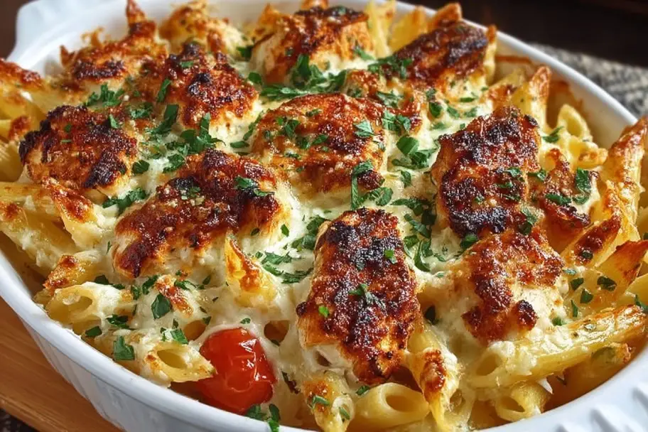 Cozy Garlic-Infused Parmesan Chicken Pasta Casserole
